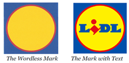 Two yellow circles on a blue background with a red outline, one with the word 'LIDL' in the centre