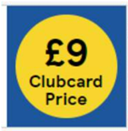 Tesco clubcard logo. Yellow circle on blue background with the words '£9 clubcard price'